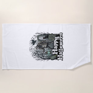 Happy Halloween Skeleton Lantern Black Cat Graveya Beach Towel