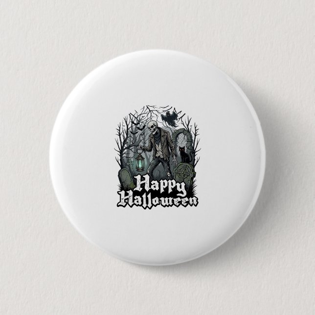 Happy Halloween Skeleton Lantern Black Cat Graveya Button (Front)