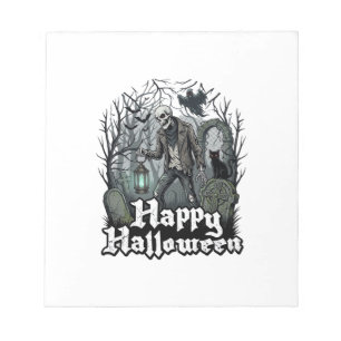 Happy Halloween Skeleton Lantern Black Cat Graveya Notepad