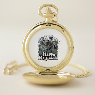 Happy Halloween Skeleton Lantern Black Cat Graveya Pocket Watch