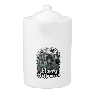 Happy Halloween Skeleton Lantern Black Cat Graveya Teapot
