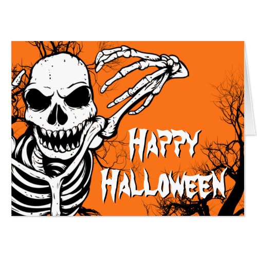 Happy Halloween Skeleton Orange Black Spooky Card