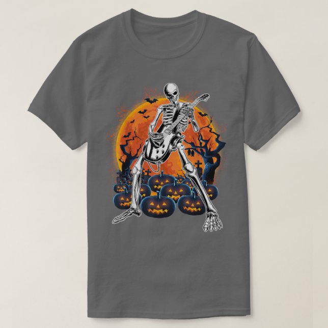 Happy Halloween Skeleton Playing Guitar Pumpkin Vi T-Shirt (Design Front)