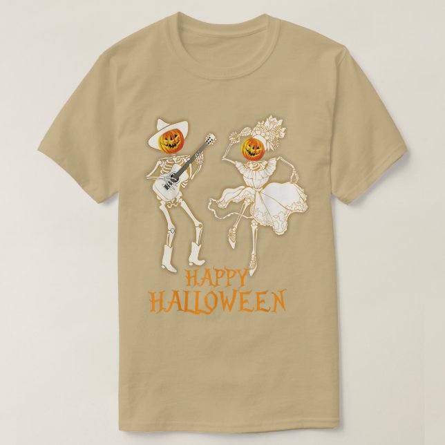 Happy Halloween Skeleton Pumpkin Playing Guitar 16 T-Shirt (Design Front)