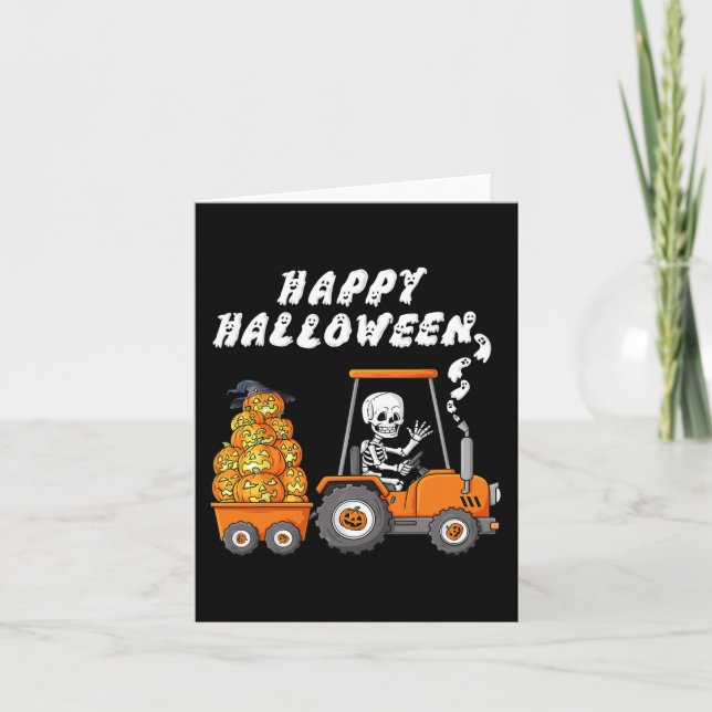 Happy Halloween Skeleton Riding Tractor Boys Kids  Card (Front)
