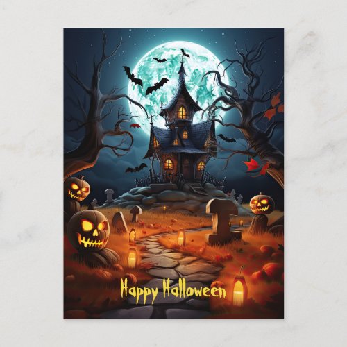 Happy Halloween Skeleton Skull Haunted House  Postcard