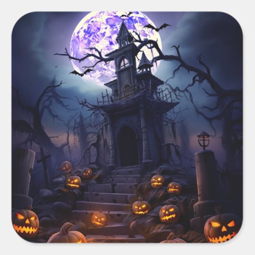 Happy Halloween Skeleton Skull Haunted House  Square Sticker