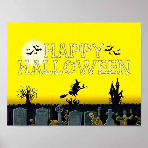 Happy Halloween Skeleton Witch  Yellow Poster