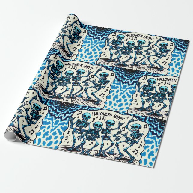 Happy Halloween Skeletons: Dance Party Tie-Dye Wrapping Paper (Unrolled)