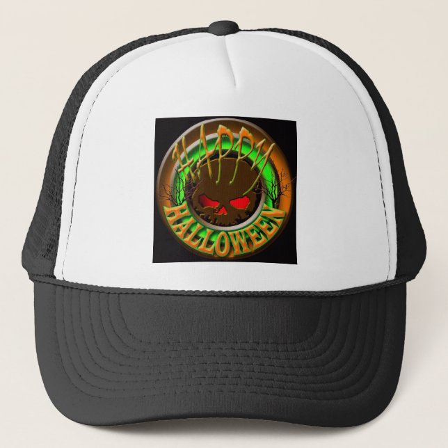 Happy Halloween Skull BLACK bg Trucker Hat (Front)