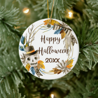 Happy Halloween Skull Ceramic Ornament