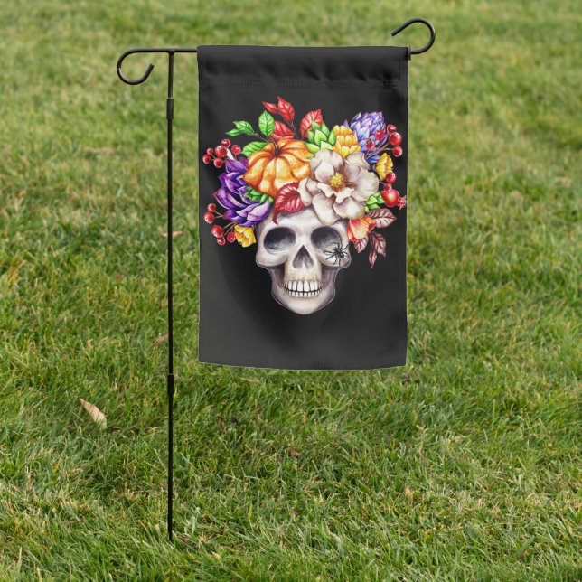 HAPPY HALLOWEEN SKULL FACE WITH  FLOWERS GARDEN FLAG (In SItu)
