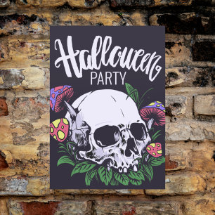 Happy Halloween Skull & Mushrooms Postcard