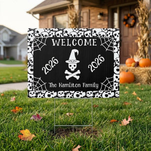 Happy Halloween Skull Witch Hat Custom Family Sign