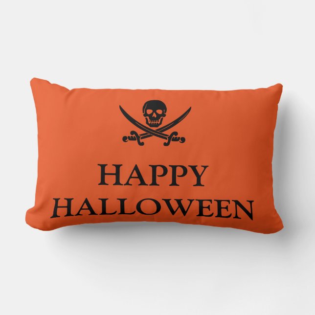 Happy Halloween Skull with her Broom Orange Throw Lumbar Pillow (Front)