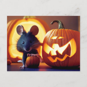 happy Halloween. Small cute mouse with pumpkin Postcard