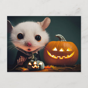 happy Halloween. Small cute mouse with pumpkin Postcard