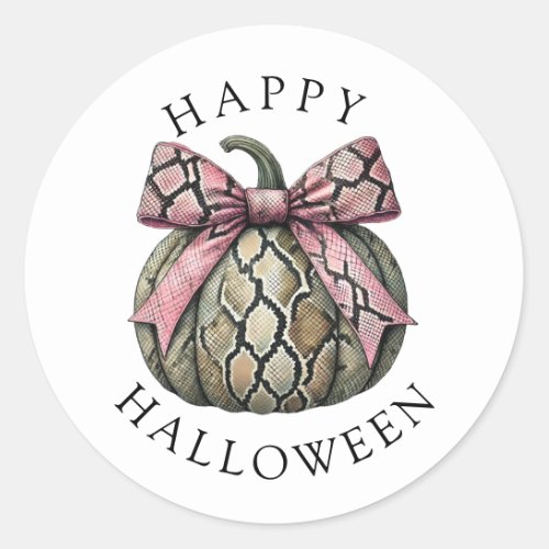 Happy Halloween Snake Skin Pumpkin Pink Ribbon Classic Round Sticker