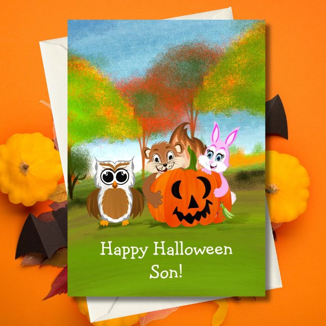 Happy Halloween Son Chipmunk, Rabbit & Owl Card (Creator Uploaded)