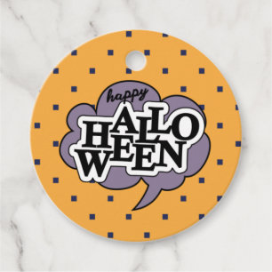 Happy halloween speech bubble purple orange favor tags