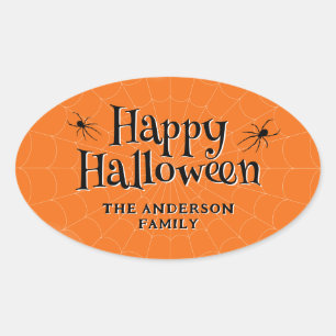 Happy Halloween Spider Cobweb Orange Oval Sticker