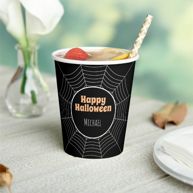 Happy Halloween Spider web Black and White w name Paper Cups (Insitu)