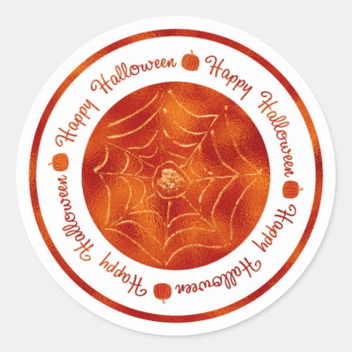 Happy Halloween Spider Web Orange Shine Party Classic Round Sticker