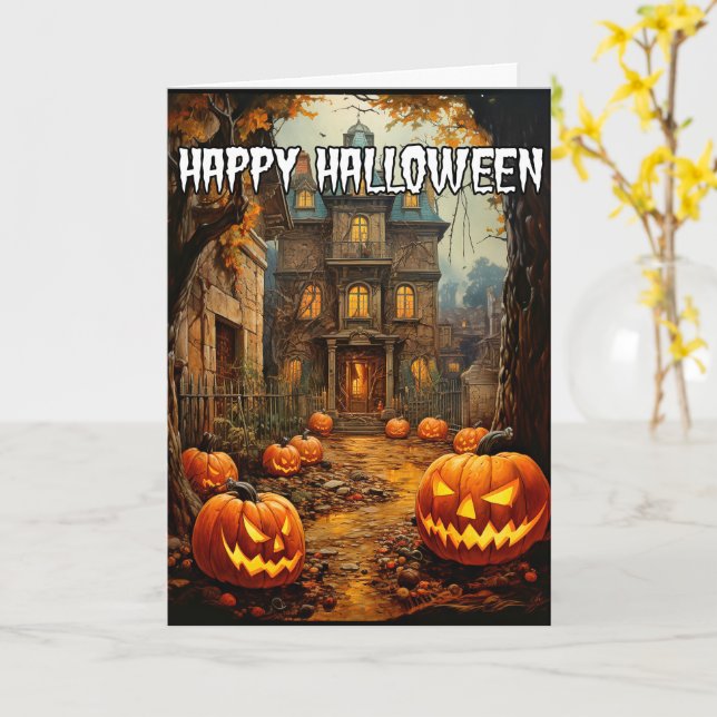 Happy Halloween | Spooktacular Haunted House Card (Yellow Flower)