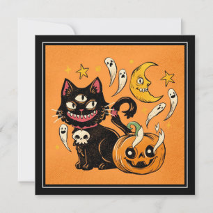 Happy Halloween Spooky Black Cat And Pumpkin Holiday Card
