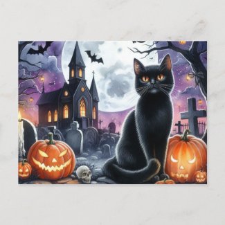 Happy Halloween Spooky Black Cat Postcard