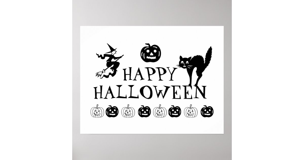 Happy Halloween spooky black white decor poster | Zazzle