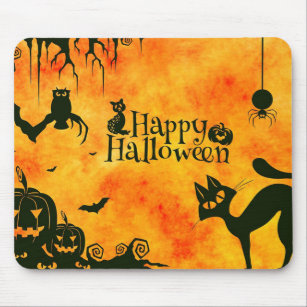 Happy Halloween Spooky Cat and Pumpkins Mousepad
