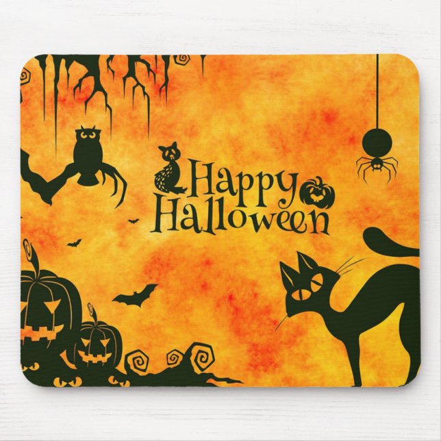 Happy Halloween Spooky Cat and Pumpkins Mousepad (Front)