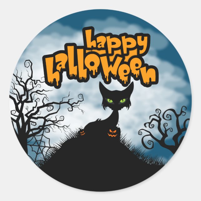 Happy Halloween Spooky Cat Favor Gift Classic Round Sticker (Front)
