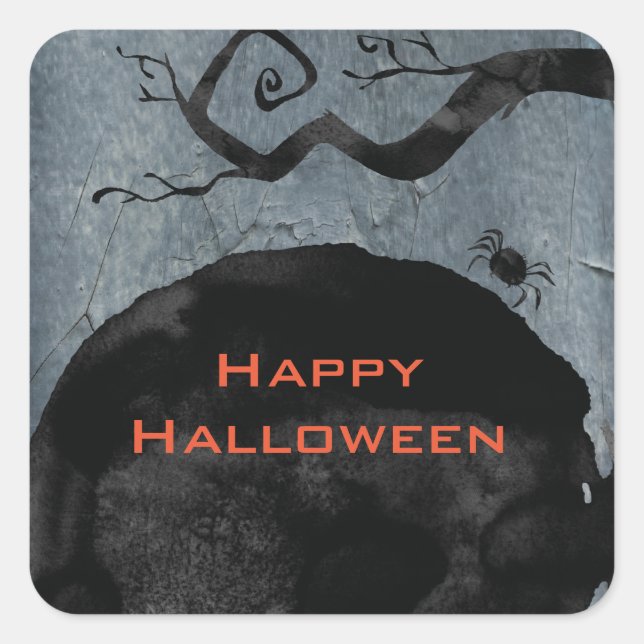Happy Halloween Spooky Creepy Black Spider Square Sticker (Front)