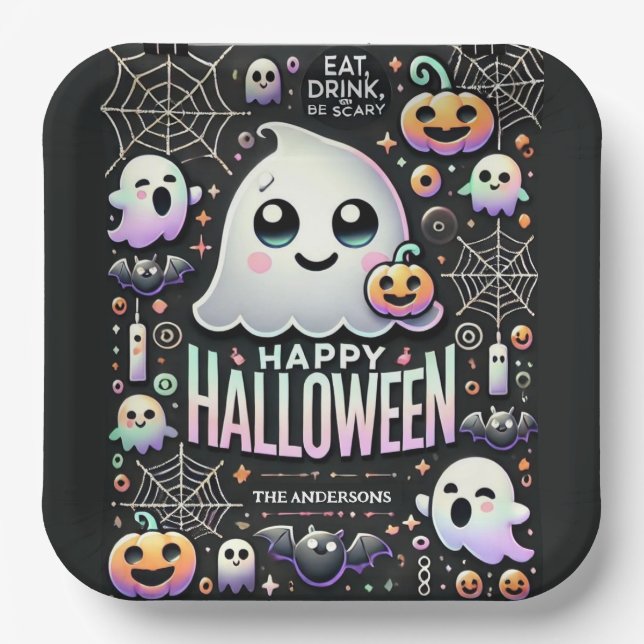 Happy Halloween Spooky Cute Ghost  Paper Plates (Front)