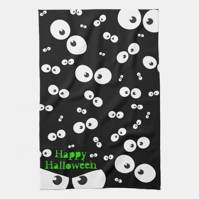 Happy Halloween Spooky Eye Fun Black Illustration Kitchen Towel (Vertical)