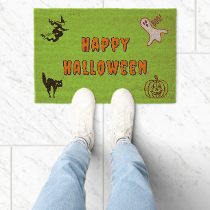 Happy Halloween Spooky Ghost Flying Witch Cat Coir Fiber Doormat
