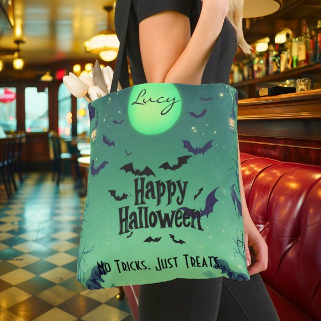 Happy Halloween – Spooky Green Moon & Flying Bats Tote Bag (Creator Uploaded)