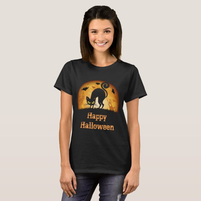 Happy Halloween Spooky Haunted black cat T-shirt (Front Full)