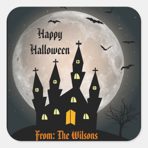 Happy Halloween Spooky Haunted House Moon Bats Square Sticker