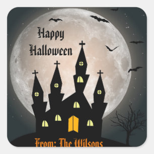 Happy Halloween Spooky Haunted House Moon Bats Square Sticker