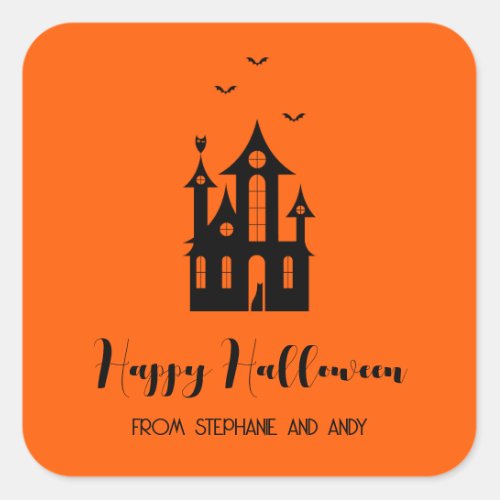 Happy Halloween Spooky Haunted House Orange Black  Square Sticker
