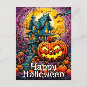 Happy Halloween   Spooky Haunted House Postcard