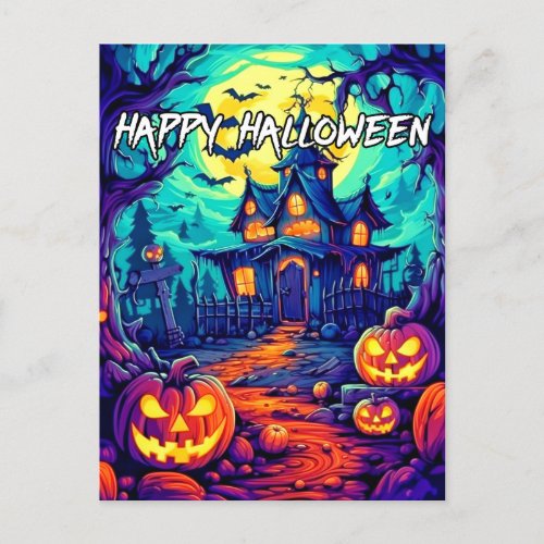 Happy Halloween  Spooky Haunted House Postcard