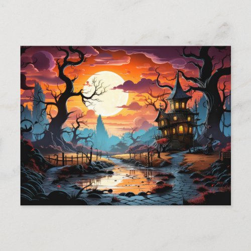 Happy Halloween  Spooky Haunted Manor Postcard