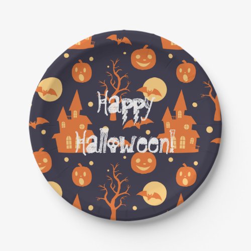 Happy Halloween Spooky House Bats Trees Pumpkin Paper Plates