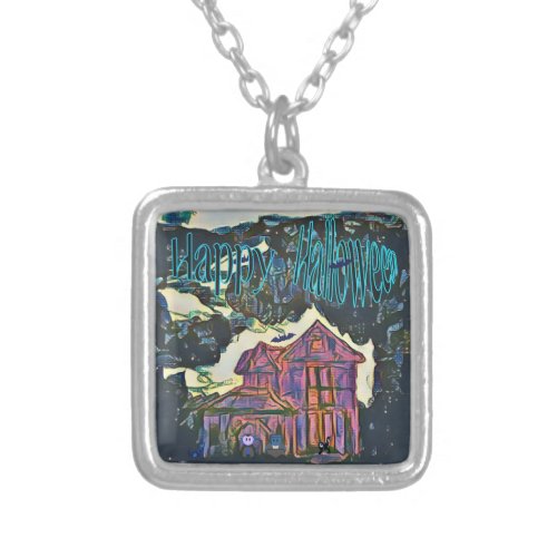 Happy Halloween Spooky House Silver Plated Necklace