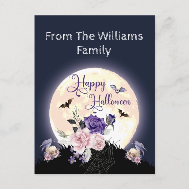 happy halloween spooky moon and roses gothic  holiday postcard (Front)