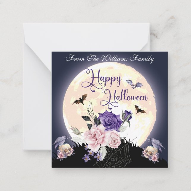  happy halloween spooky moon and roses holiday note card (Front)